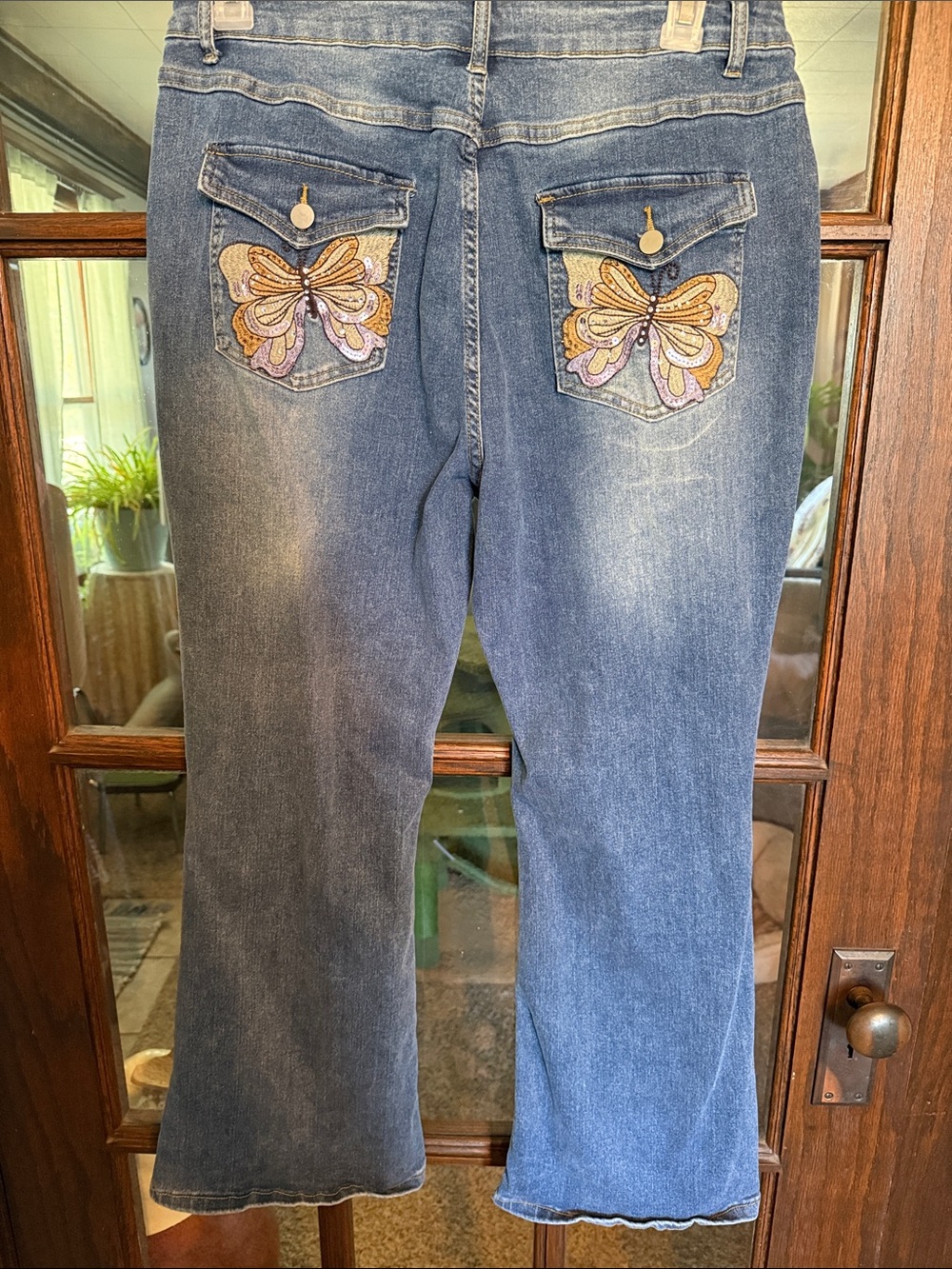 Butterfly Embroidered Sequin Rhinestone Jeans Medium Wash Blue 2XL Y2K Fairycore